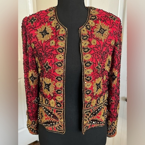 🌟Vintage Papell Boutique Red Silk Heavy Beaded Holiday Costume Formal Jacket S - Picture 4 of 8